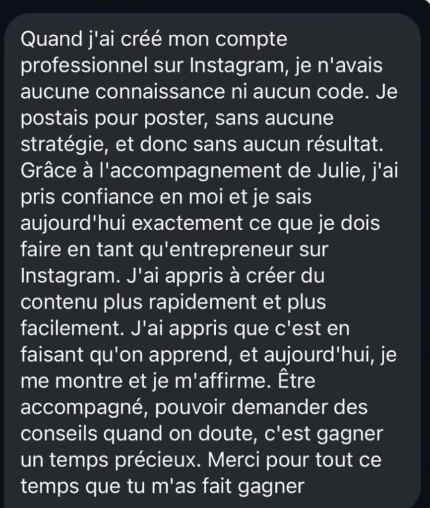 Accompagnement Instagram Accompagnement Business - témoignage
