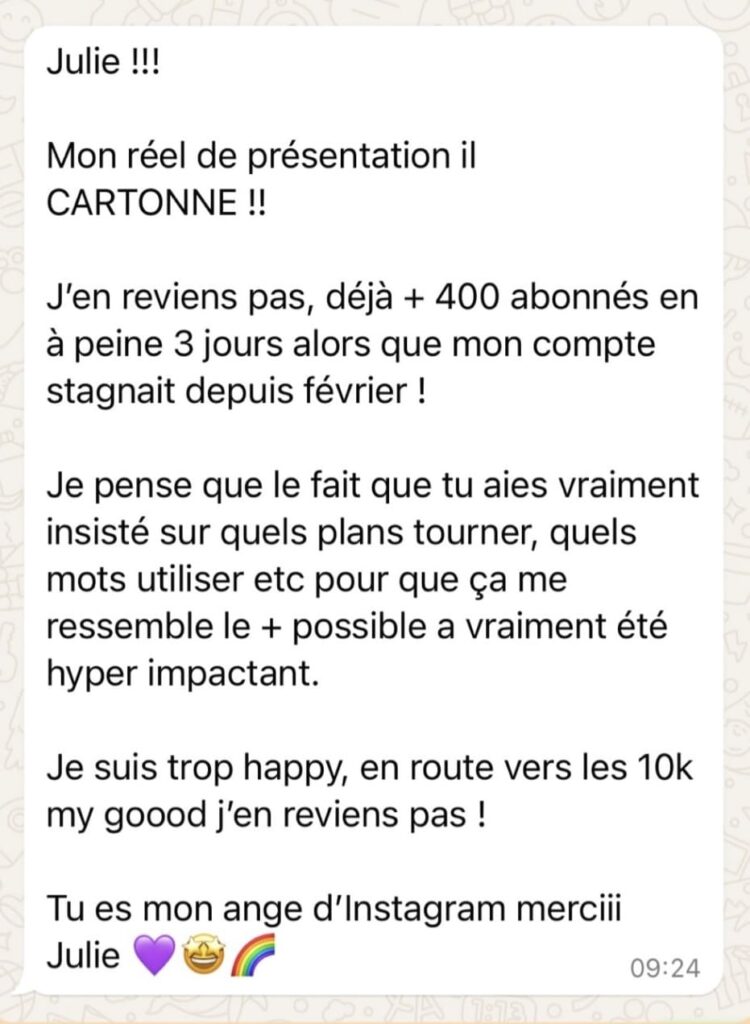 Accompagnement Instagram Accompagnement Business - témoignage