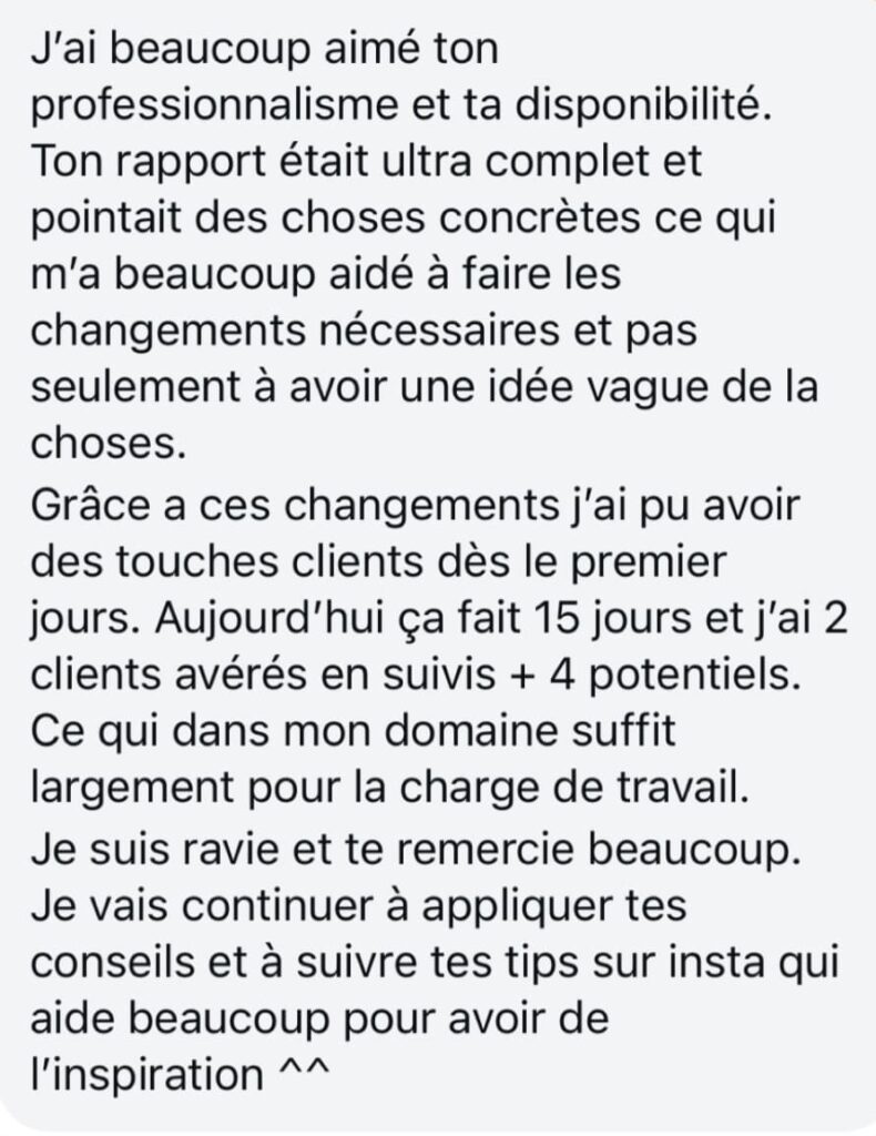 Accompagnement Instagram Accompagnement Business - témoignage